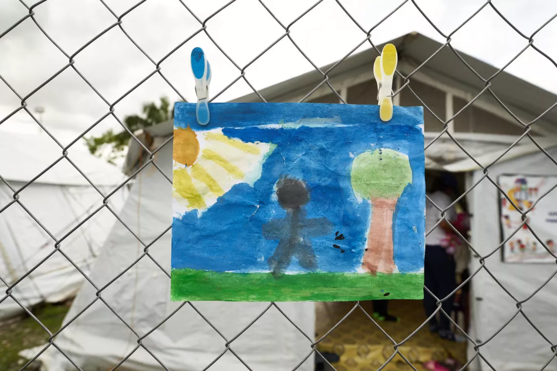 An illustration of a child that unfortunately lost his father while crossing the jungle. 