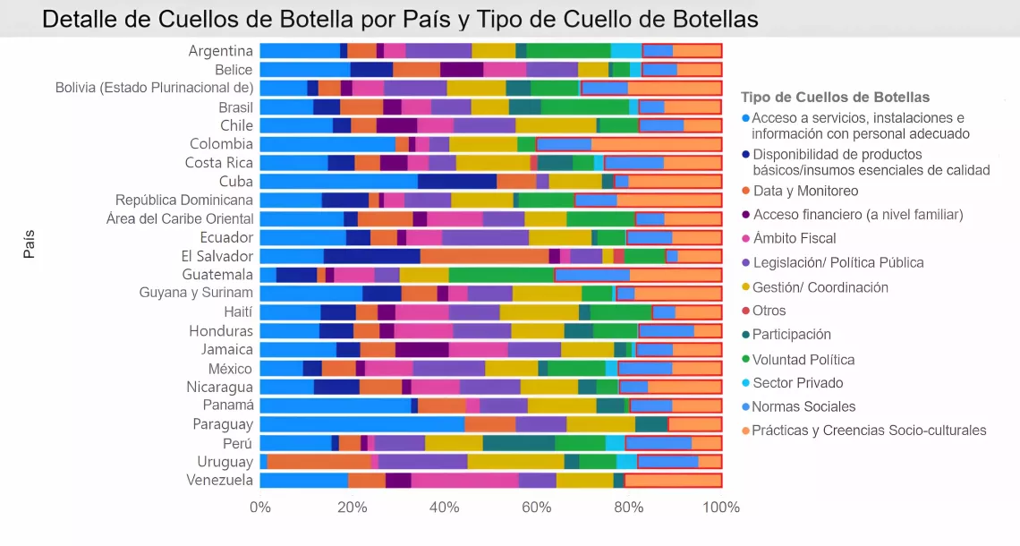 Detalle de Cuellos de Botella por Pa&iacute;s y Tipo de Cuello de Botellas en Am&eacute;rica Latina y el Caribe