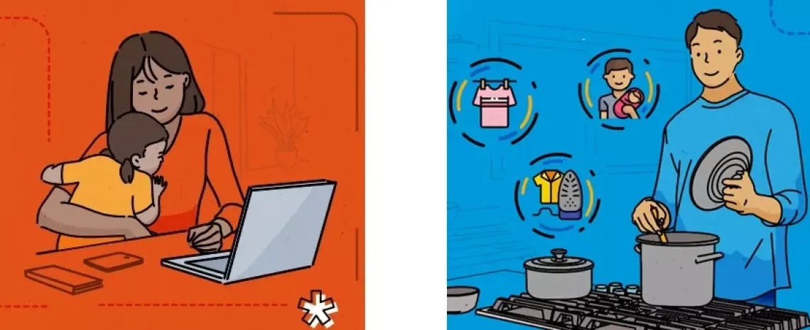 ilustracion de mama y papa en teletrabajo y realizando tareas de casa