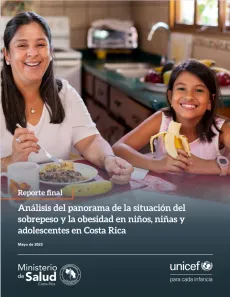 Portada reporte final obesidad infantil en Costa Rica. Fotograf&iacute;a de una madre y su hija comiendo comida saludable. Logos de UNICEF y Ministerio de Salud Costa Rica