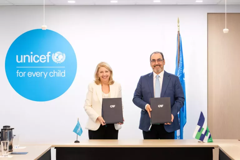 Catherine Russell (left), UNICEF Executive Director, and Sergio D&iacute;az-Granados, Executive President of the Development Bank of Latin America and the Caribbean (CAF)