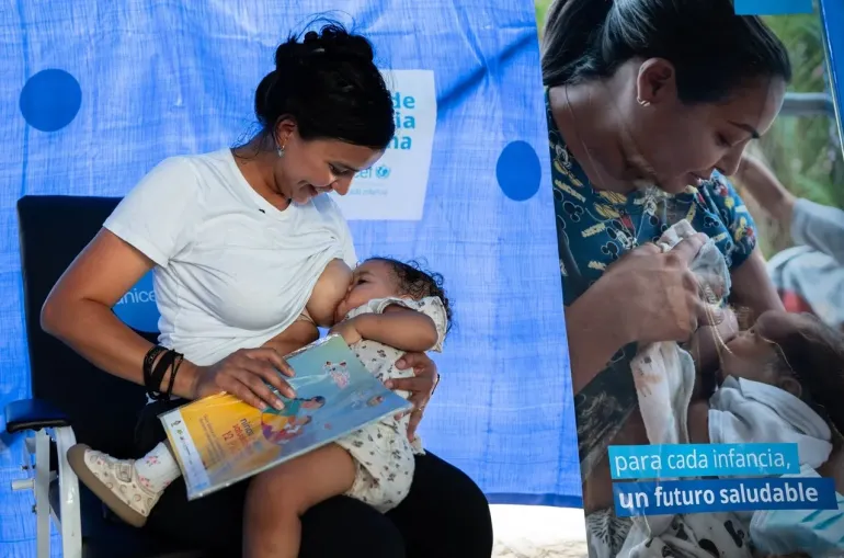 Una madre da de lactar a su beb&eacute; en un espacio facilitado por UNICEF para la lactancia materna