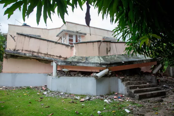 A school building suffered significant damage from the 7.2 magnitude Haiti earthquake in Les Cayes. 