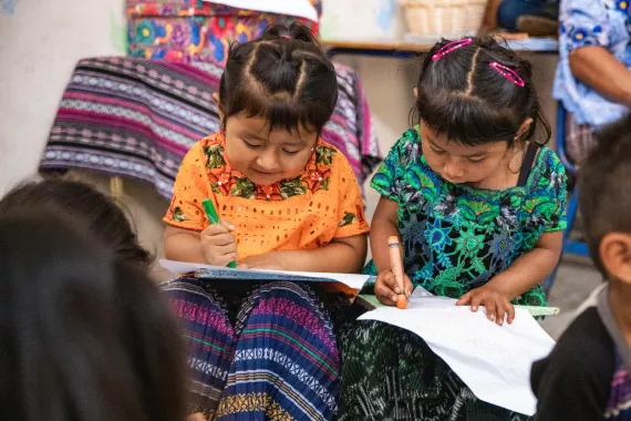 On October 22, 2021, children with their mothers participate in a workshop about early child development (ECD) organized by the Comprehensive Child Development Community Centre (CECODII), a UNICEF supported centre in Chirrepec, Alta Verapaz, Guatemala.