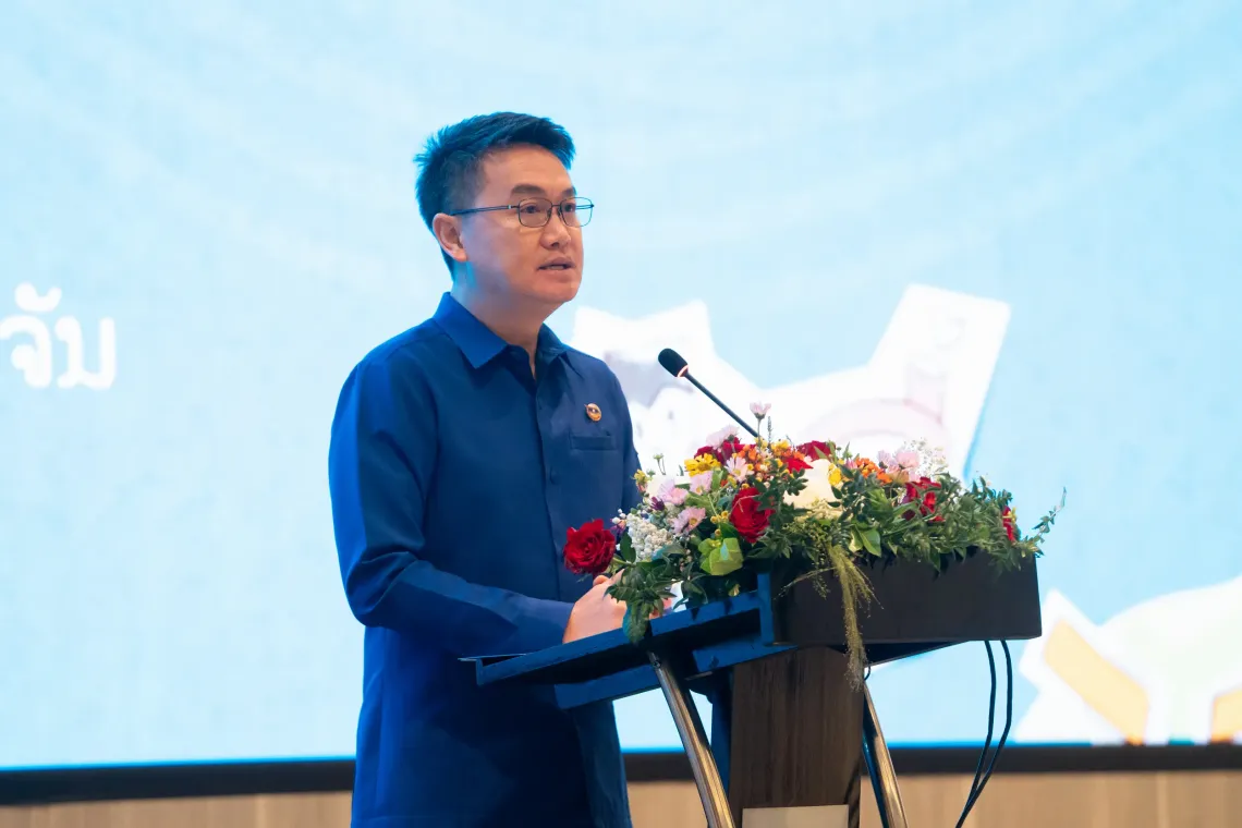Mr. Thongly Sisoulith is delivering the speech during the Youth Skills Expo