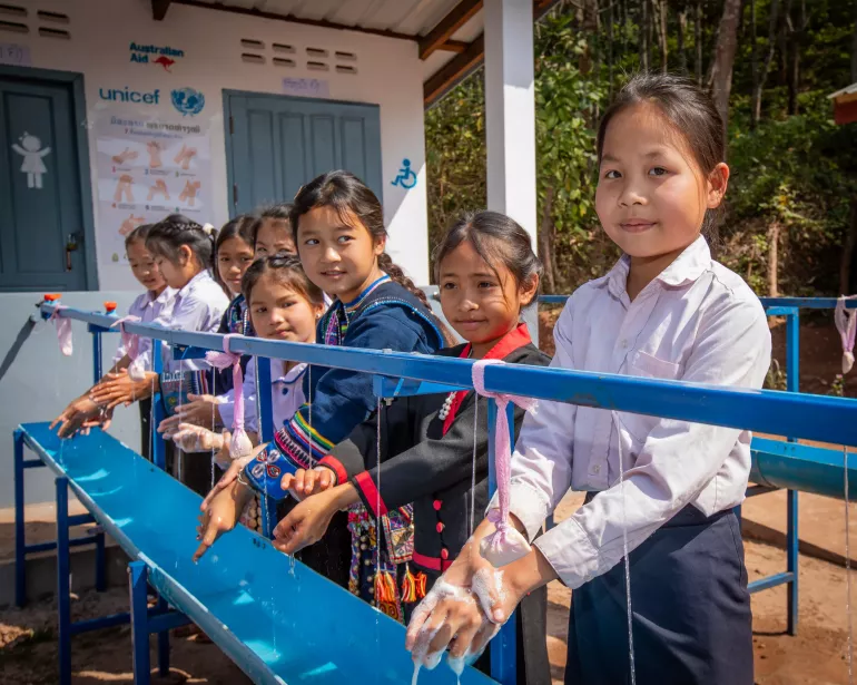 Students practice washing hands with soap at the school in Soumkham Village, Ngot Ou district, Phongsaly province, on February 8, 2024.