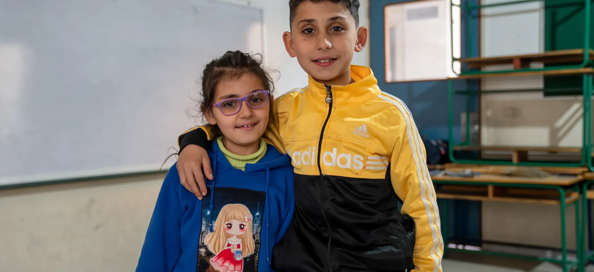 Adam, 10, and his sister Zahraa, 7 at School shelter in Ras Beirut. 