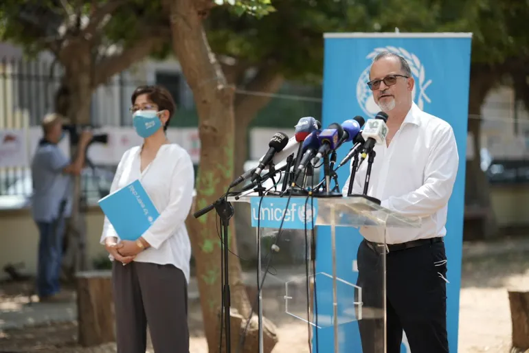 Yukie Mokuo, UNICEF Representative in Lebanon next to Ted Chaiban, UNICEF Regional Director for MENA