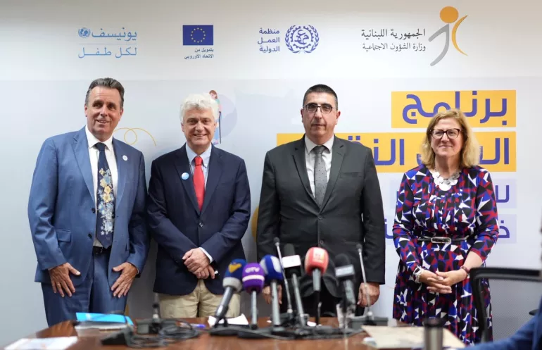 Peter Rademaker ILO - Edouard Beigbeder, UNICEF Representative - Minister Hector Hajjar - Alessandra Viezzer, EU Head of Cooperation