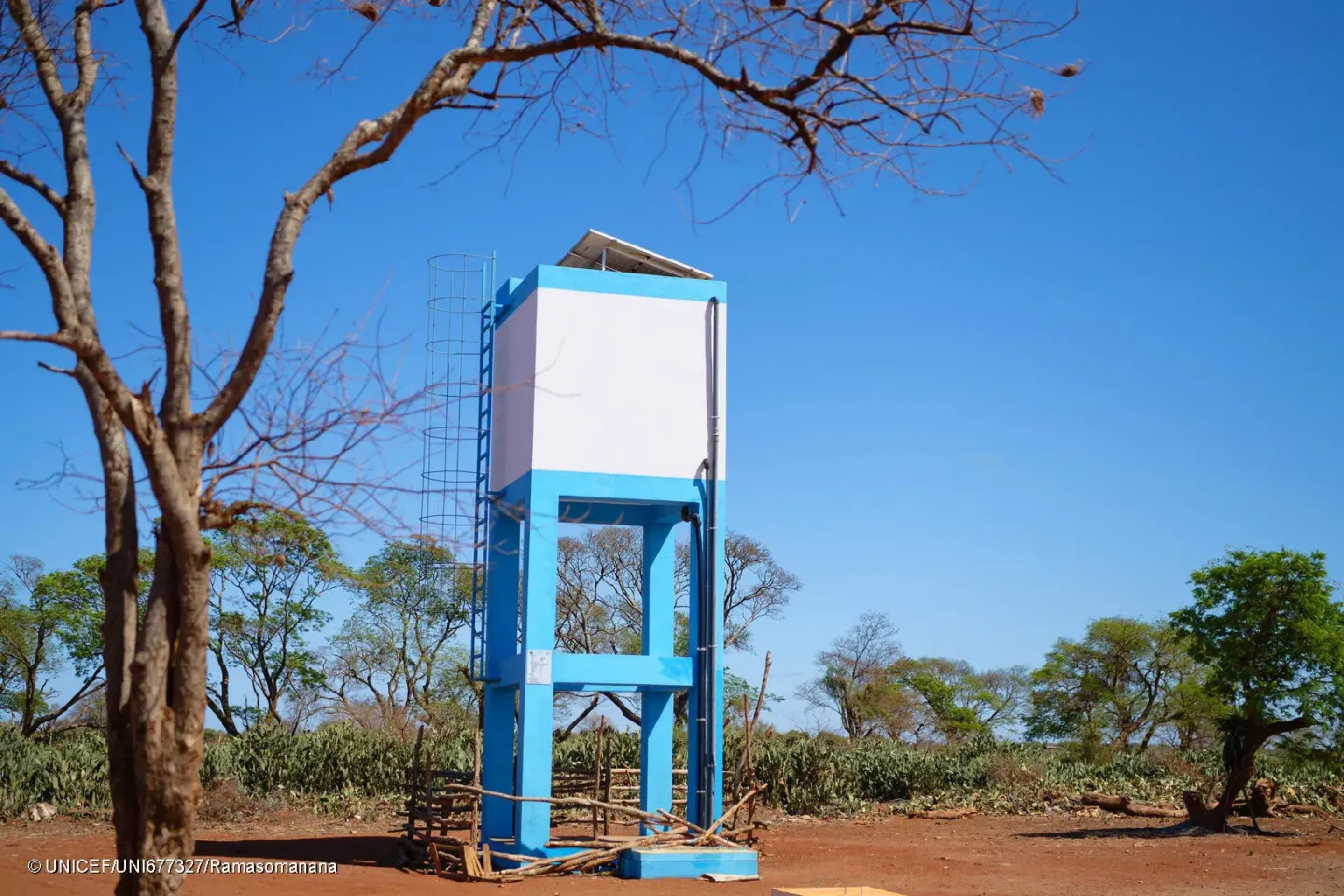 October 17, 2024 - Koronga Centre, Commune of Ambatotsivala, Beloha District, Androy Region, Madagascar : the water tower funded by the project. 