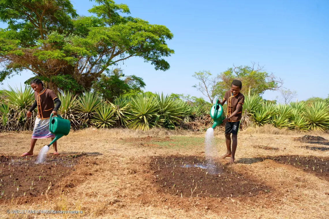 Sijahanitra, 11 ans, et Lahaminosoa, 13 ans, arrosent les plants de l&eacute;gumes dans la cour de leur &eacute;cole &agrave; Ankilimilopake.