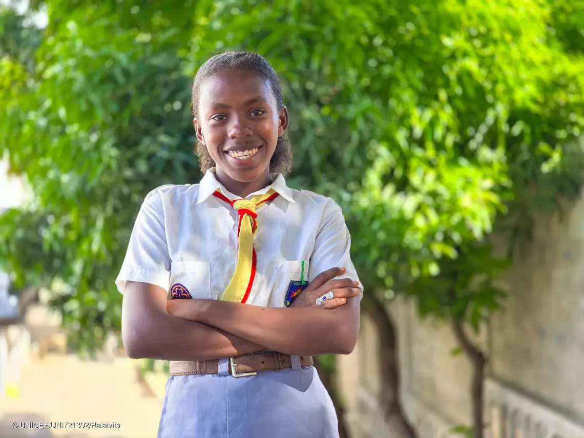 Majunga city, Boeny Region, Madagascar: Portrait of Sonya, 17 years old, older sister of Soraya, in scout uniform. 