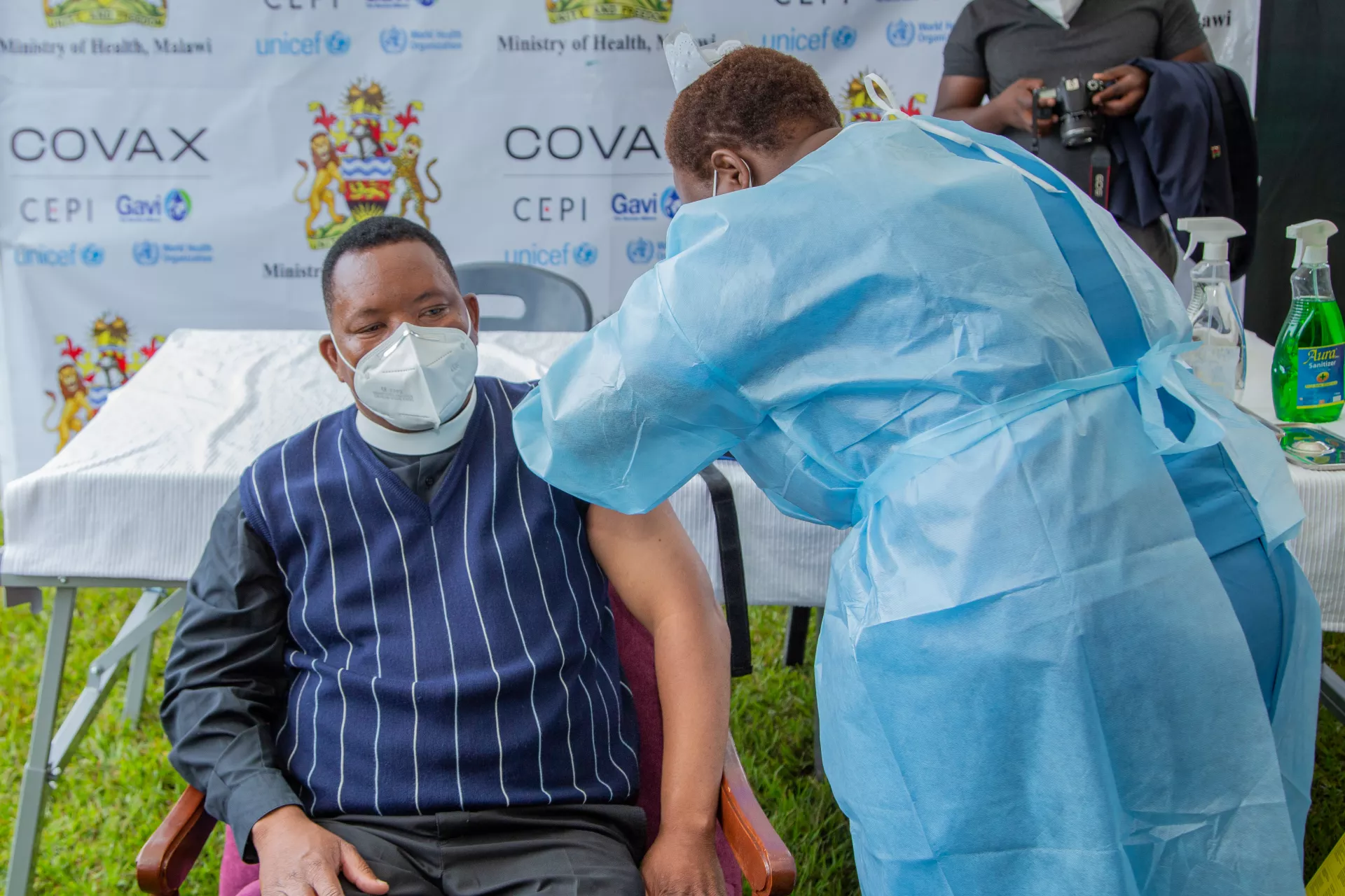 Rev William Tembo, General Secretary for CCAP Livingstonia Synod, getting vaccinated at Mzuzu Central Hospital, 11 March 2021