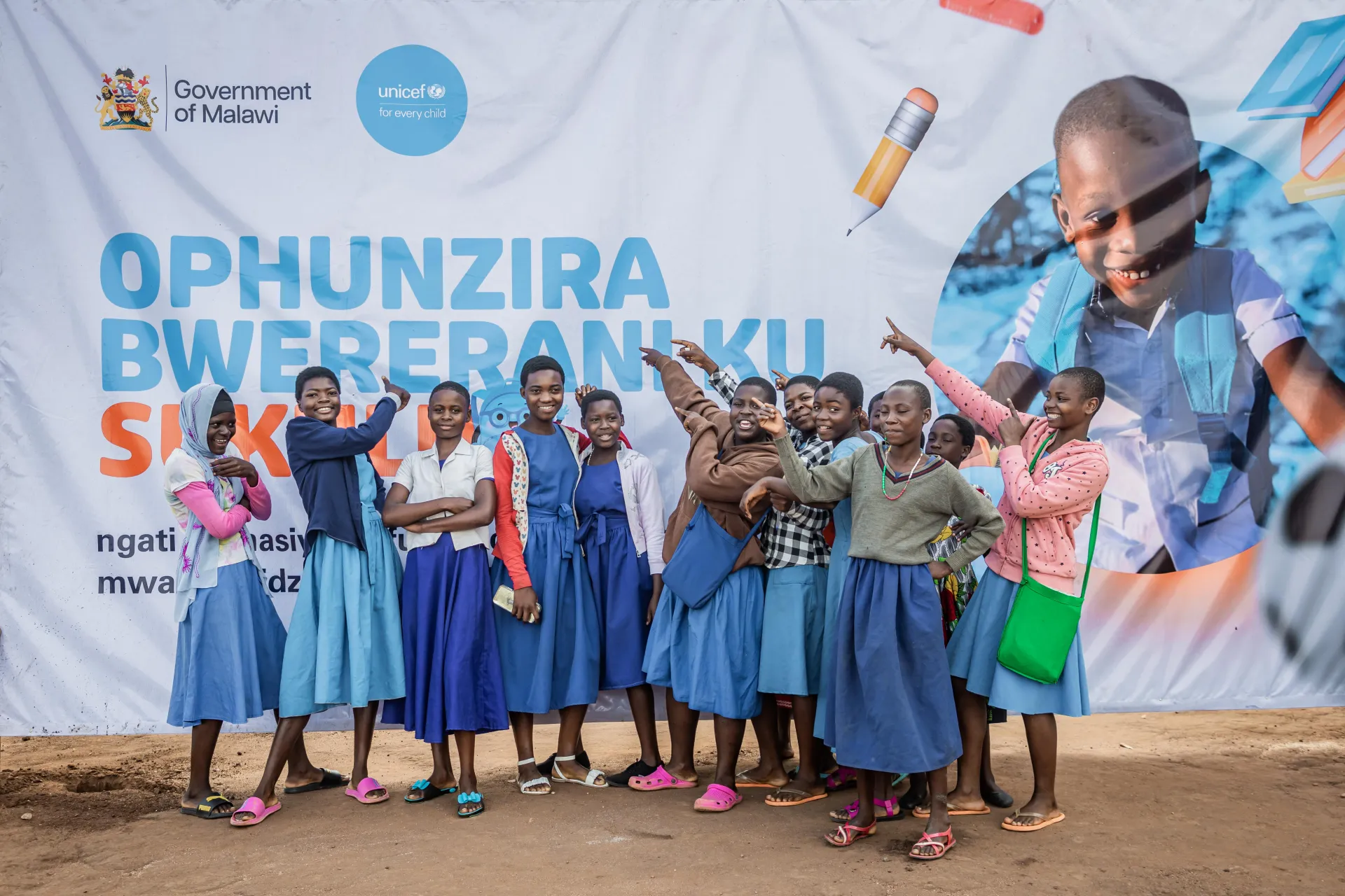 First day of school after Cyclone Freddy for these learners at Mkanda Primary School, where the Back-to-School campaign launch took place. UNICEF Malawi supported the school with disinfection and distribution of WASH, teaching and learning materials as part of the Back-to-School campaign