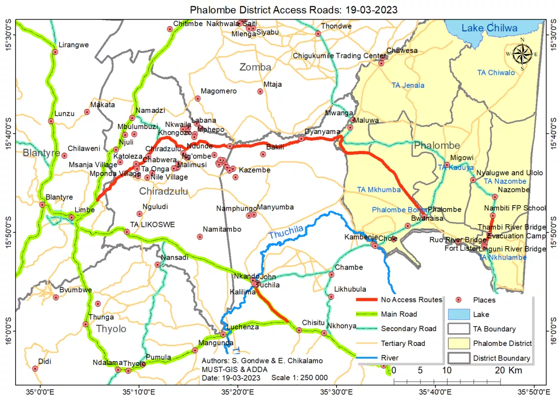 An accessibility map of the heavily affected Phalombe district clearly showing which roads are inaccessible and other relevant geographic features
