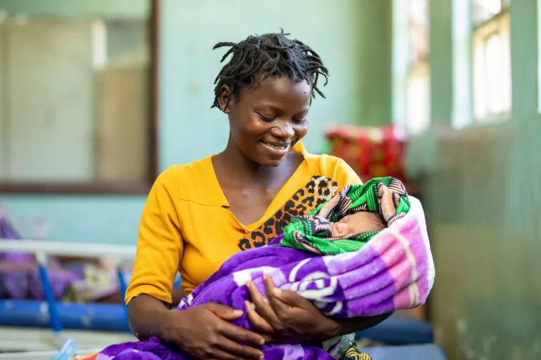 Nduzani Mponda, a new mother of Clement Thom at Phimbi Health Centre in Balaka. She delivered at the health facility in February 2026.