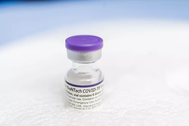A COVID-19 vaccine in a coolbox at Lilongwe District Health Office