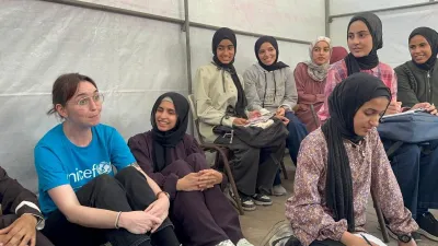 Deir al-Balah, Gaza, October 2025. As conflict continues to disrupt daily life, girls are happy to attend a UNICEF-supported learning centre . Temporary classrooms offer a safe place to learn, play and reconnect with friends.