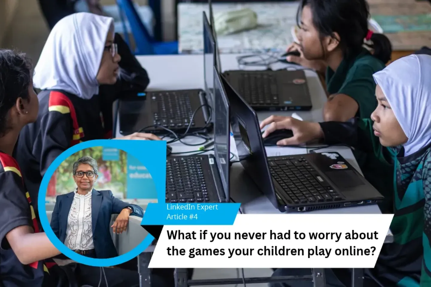 4 girl children on their laptops. Insert of Selvi, writer of the article