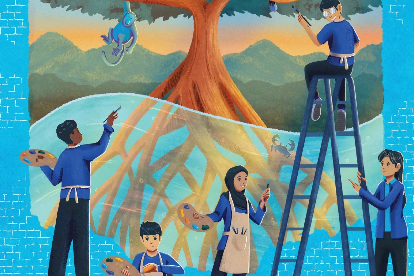 Illustration of teenagers painting a mural of a tree