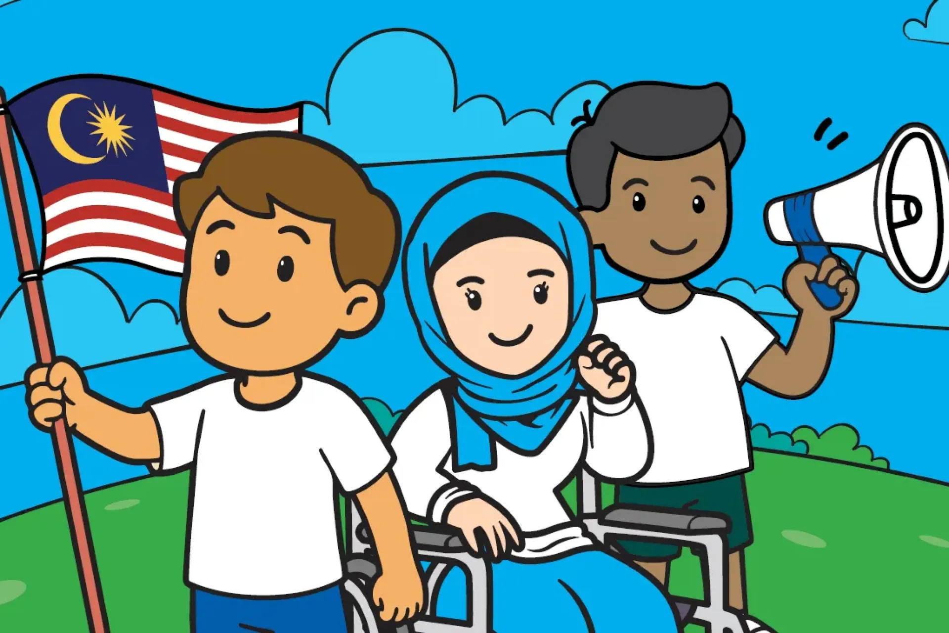 Graphic of 3 children holding the Malaysia flag