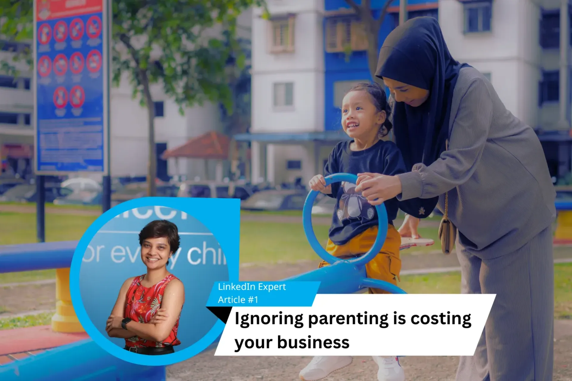 Mother and child play in playground. Inset photo of article writer