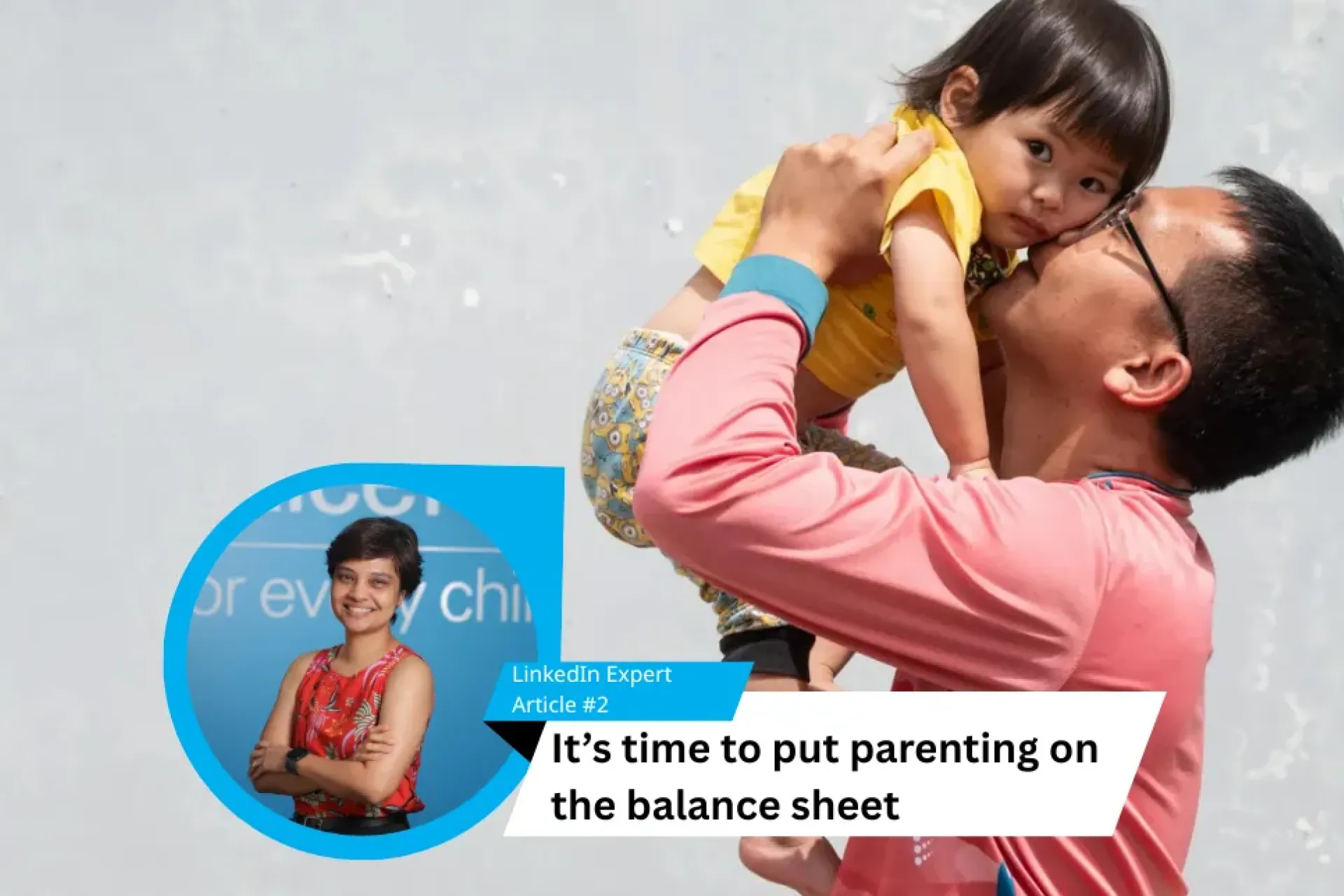 Father carries child with inset photo of staff writer