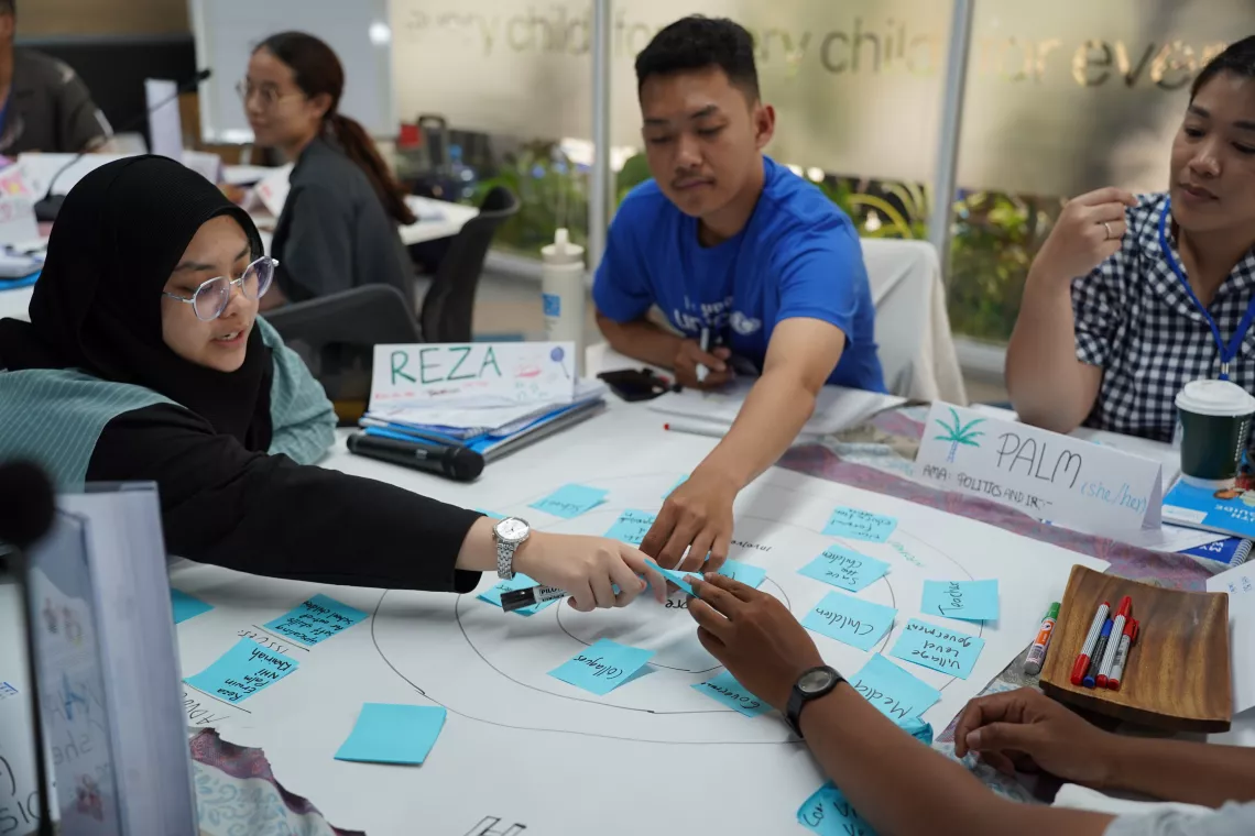 Khairiah and other youth sticking post-its on a mahjong sheet.