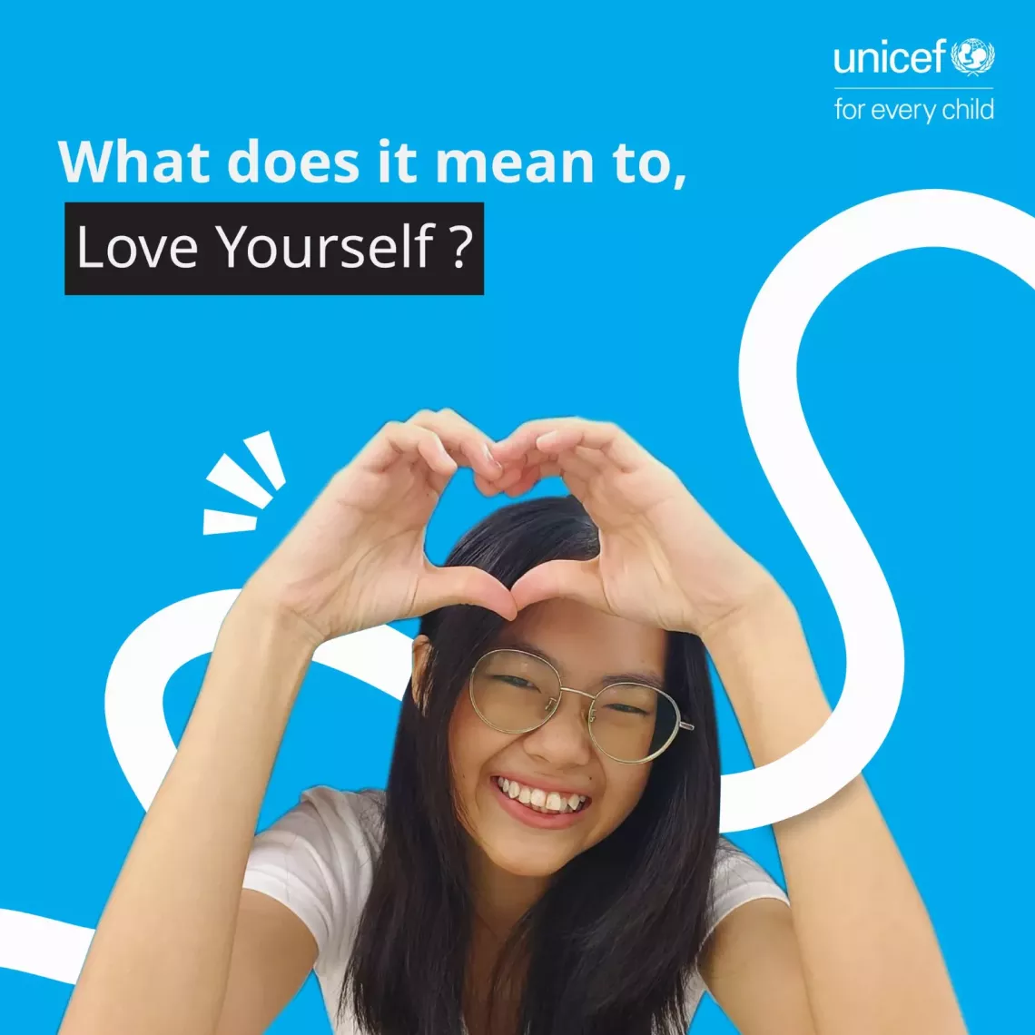 Teen girl with words above her head saying "What does it mean to Love Yourself?"
