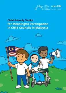 A graphic of 3 children holding Malaysia flag in cartoon style