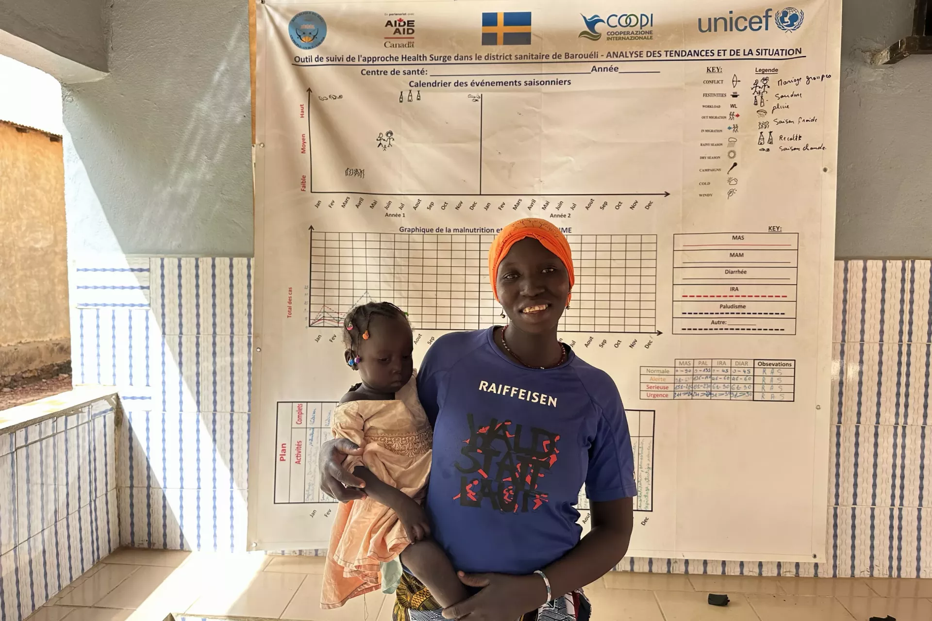 Kadia, une maman refugi&eacute;e Burkinabaise, &acirc;g&eacute;e de 25 ans, ici avec sa fille Mariam, &acirc;g&eacute;e de deux ans et demi au CsCom de Bo&iuml;di&eacute;, dans la r&eacute;gion de S&eacute;gou.