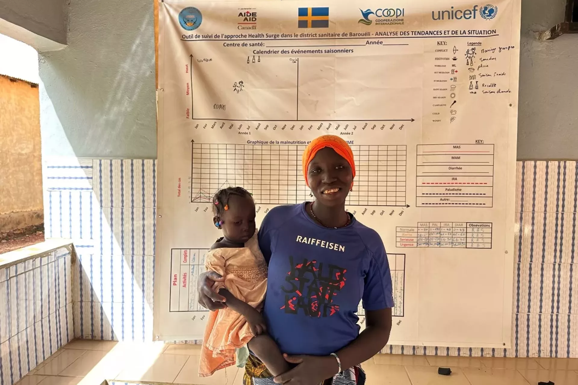 Kadia, une maman refugi&eacute;e Burkinabaise, &acirc;g&eacute;e de 25 ans, ici avec sa fille Mariam, &acirc;g&eacute;e de deux ans et demi au CsCom de Bo&iuml;di&eacute;, dans la r&eacute;gion de S&eacute;gou.