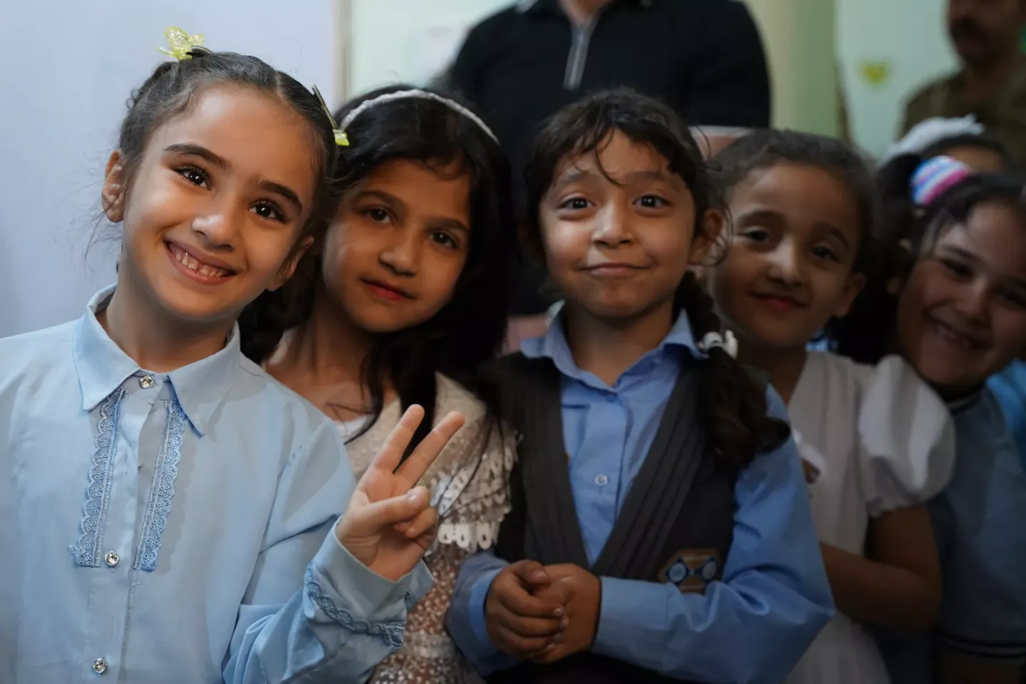 A group of 8 years old girls, Zainab Imad, Jana Majid, Mayar Nadhim, Jood Wissam are waiting for their turn to take the shot in Duhok International Primary School.