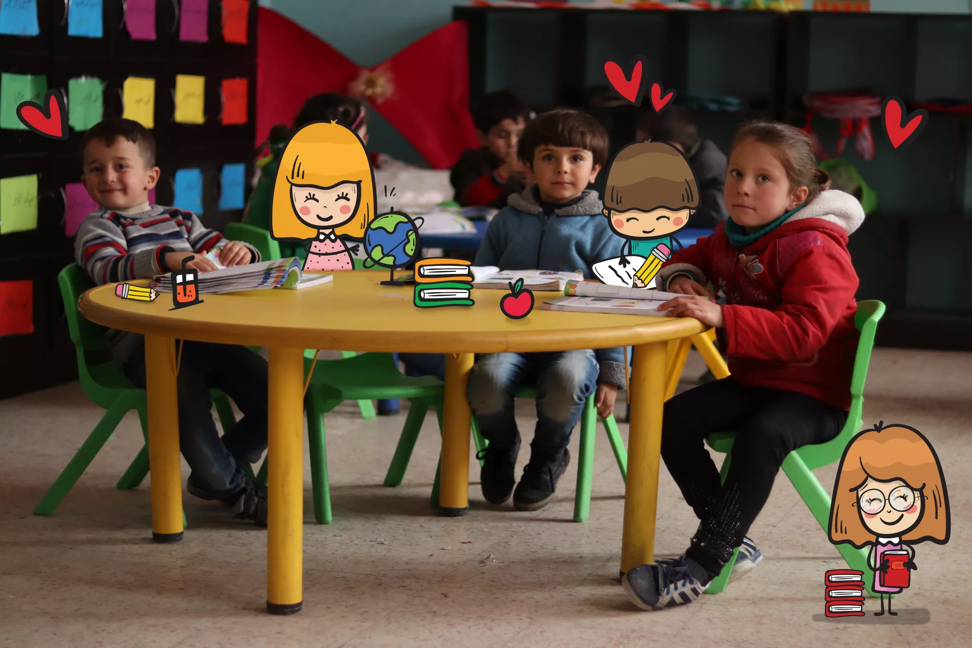 Kids in classroom. Photo has illustration elements added to it