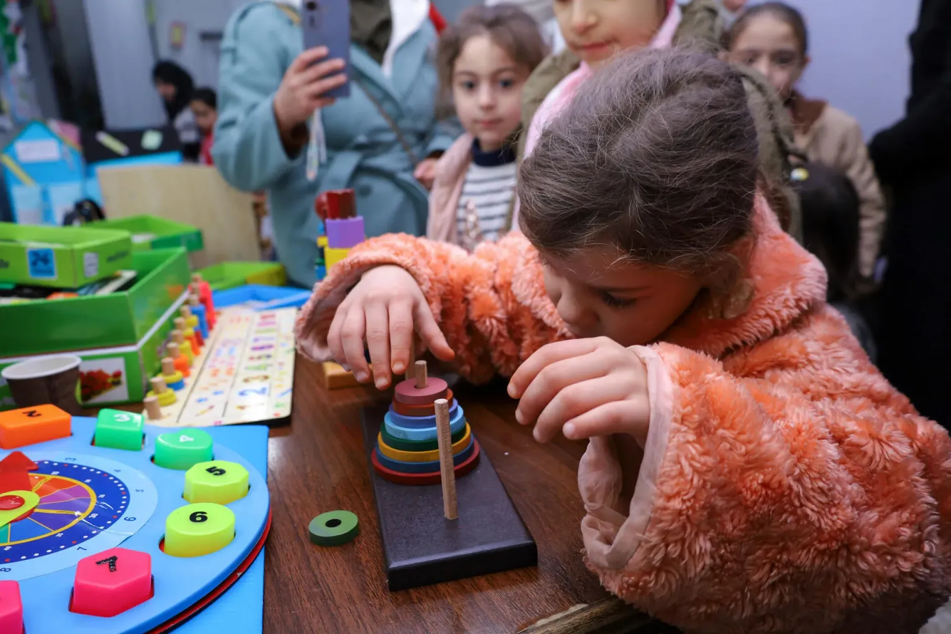 Children take part in learning through play activities that stimulate participation and curiosity. One teacher says: &ldquo;The students who were hesitant became the most engaged and enthusiastic,&rdquo; on 26 January 2026, at Muhaddatha Al-Barnawi School, Hama, Syria.