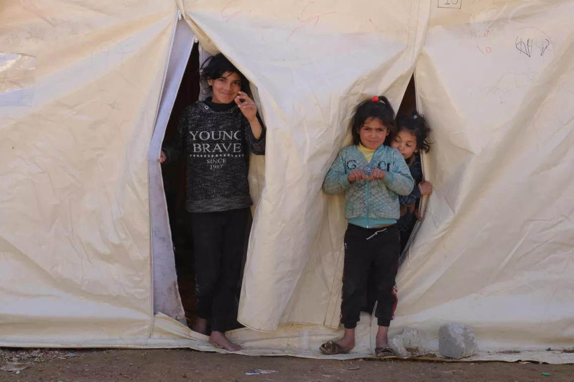 On 1 March 2023 in A'zaz, north-west Syria, children at a newly established camp for families displaced by the earthquakes.