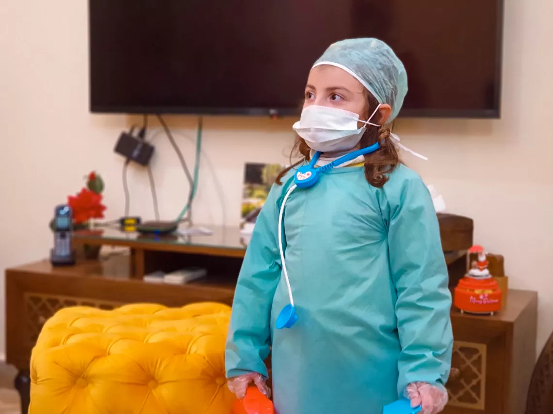 Maher&rsquo;s daughter Laura, 4, dressed up as a doctor at home during her parents&rsquo; quarantine following their infection with COVID-19 last year.