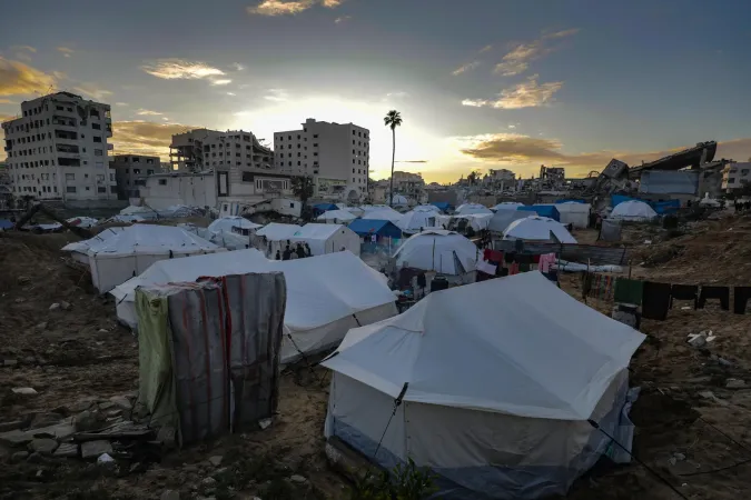FILE PHOTO: Gaza City, Omar Al Mokhtar Street, Makeshift tents sit up by displaced families. March 2025