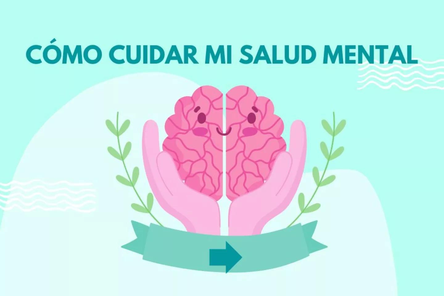Ilustraci&oacute;n del t&iacute;tulo 'C&oacute;mo cuidar mi salud mental' con un cerebro sonriente sostenido por unas manos, rodeado de hojas.