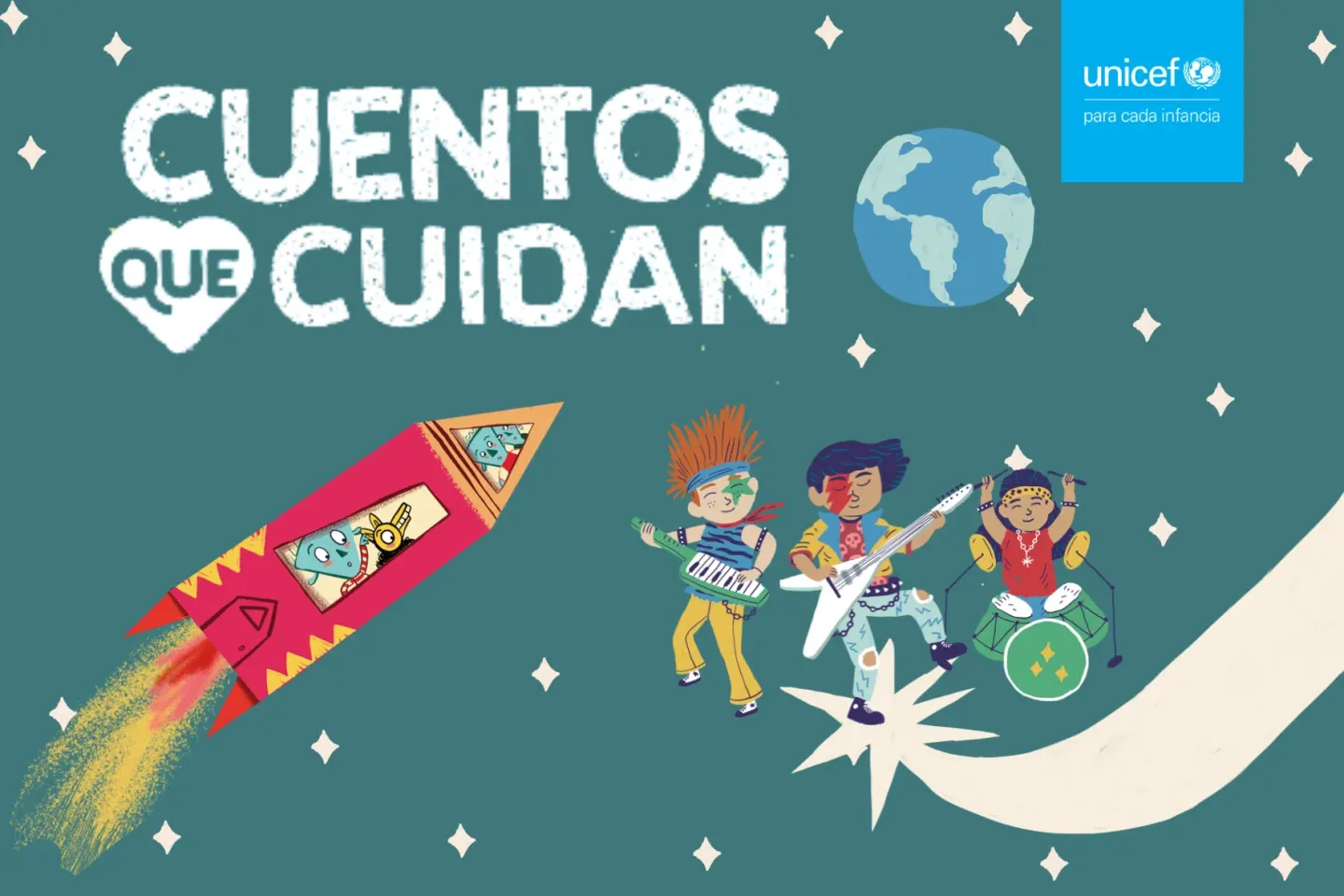 Portada del podcast Cuentos que Cuidan de UNICEF M&eacute;xico: ilustraci&oacute;n de personajes animados tocando instrumentos musicales y un cohete despegando sobre fondo verde azulado, con el logotipo de UNICEF.