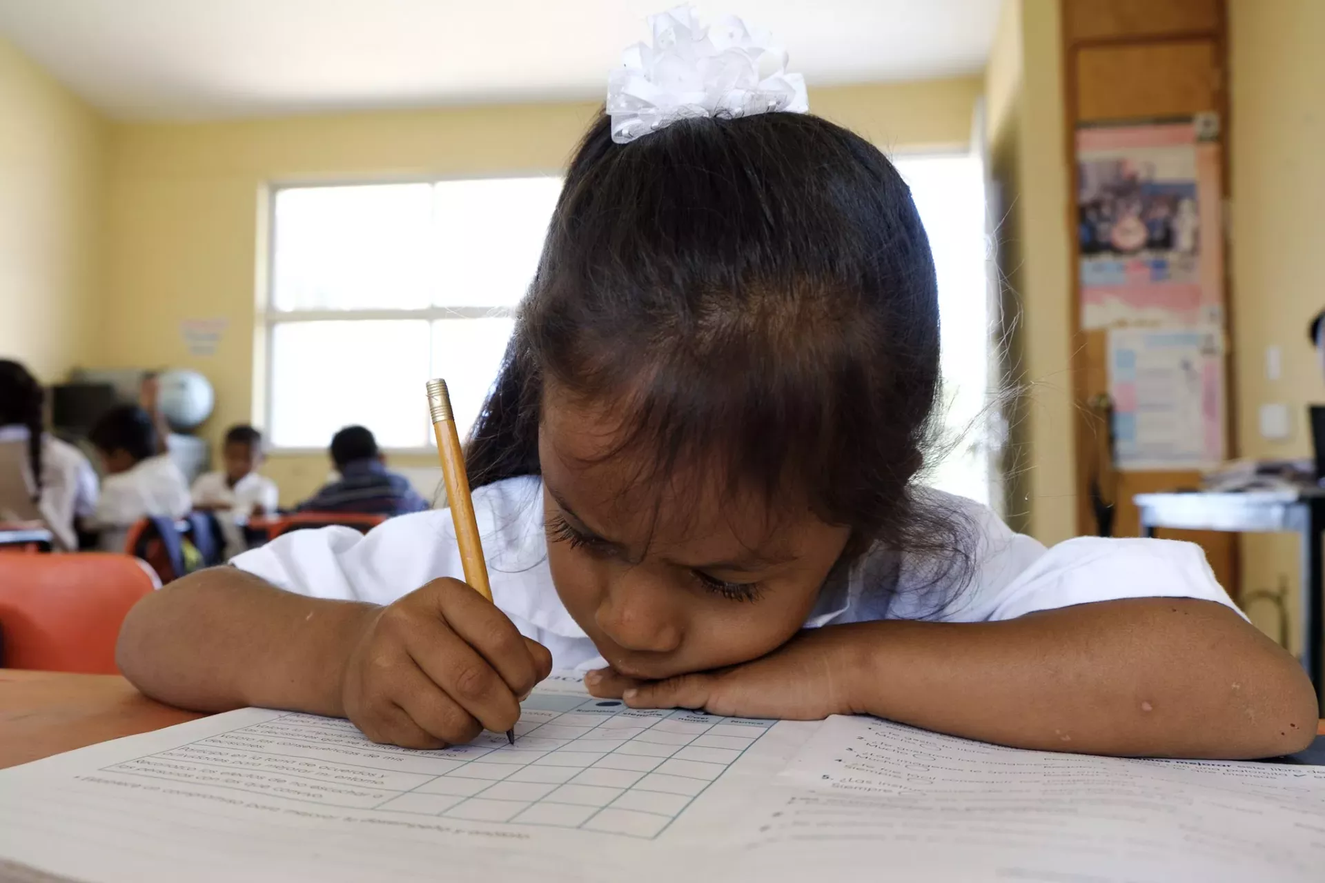 Ni&ntilde;a de una comunidad en Guerrero escribiendo en su cuaderno