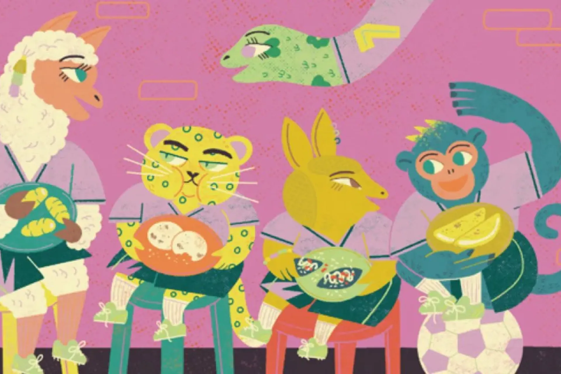 Ilustraci&oacute;n del cuento La selecci&oacute;n im-perfecta: una llama, un jaguar, un armadillo, un mono ara&ntilde;a y una anaconda con uniformes de futbol comparten alimentos sentados frente a un muro rosa.