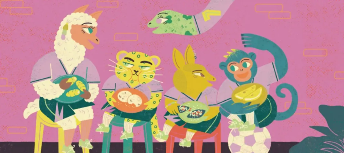 Ilustraci&oacute;n del cuento La selecci&oacute;n im-perfecta: una llama, un jaguar, un armadillo, un mono ara&ntilde;a y una anaconda con uniformes de futbol comparten alimentos sentados frente a un muro rosa.