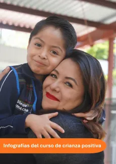 Portada de las infograf&iacute;as del curso de crianza positiva de UNICEF M&eacute;xico: madre e hijo abrazados sonriendo