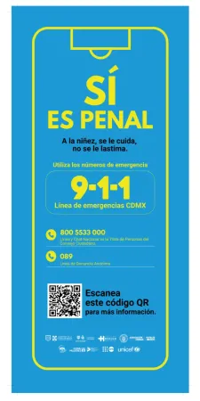 Tarjeta Azul de la campa&ntilde;a Cero Tolerancia con n&uacute;meros de emergencia para reportar explotaci&oacute;n sexual infantil en M&eacute;xico: 911, 800 5533 000 y 089