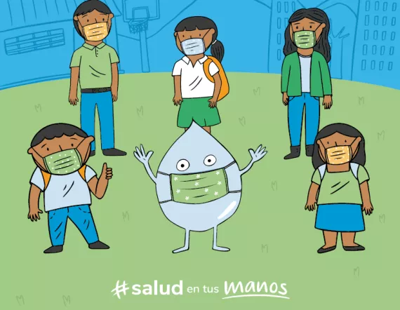 Ilustraci&oacute;n de estudiantes usando cubrebocas