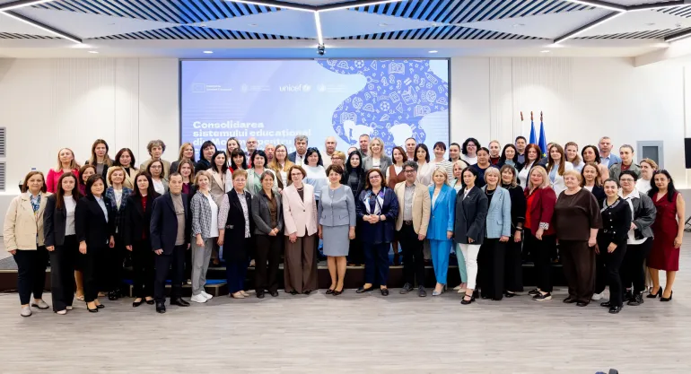 Group photo during the launch of the EU-funded initiative &ldquo;Strengthening Moldova&rsquo;s education system for the most disadvantaged children&rdquo;, implemented by UNICEF and OHCHR in partnership with the Ministry of Education and Research of the Republic of Moldova.
