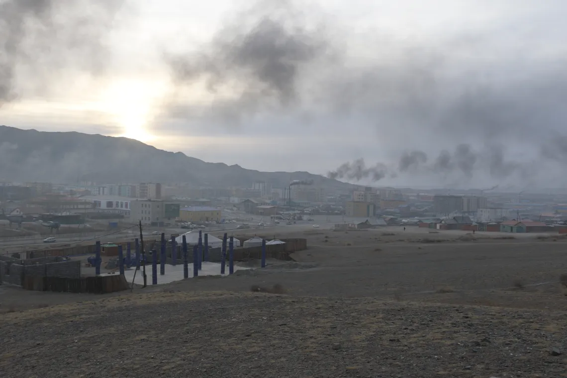 Air Pollution in Bayankhongor province at the sunrise.