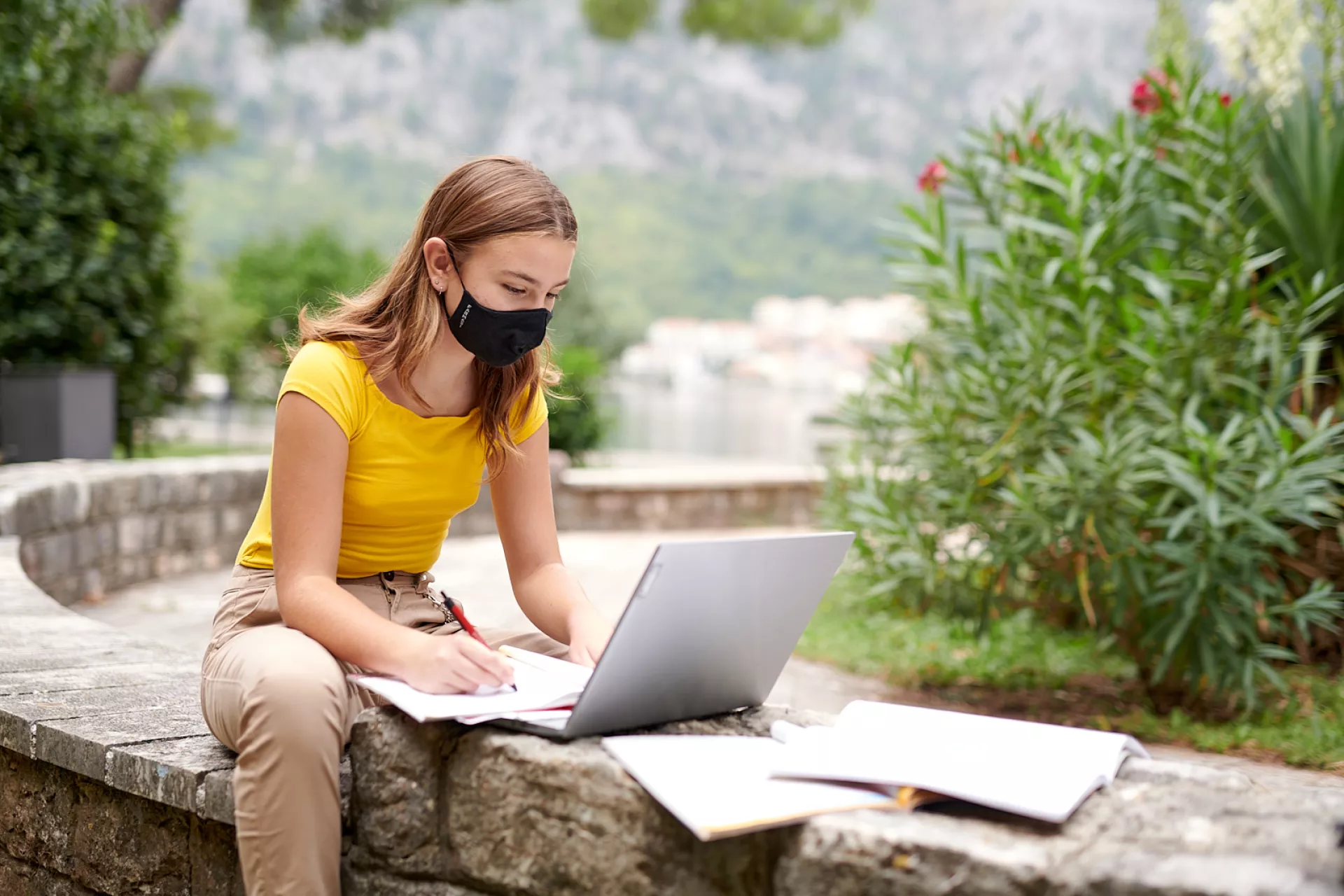 A girl attending online school