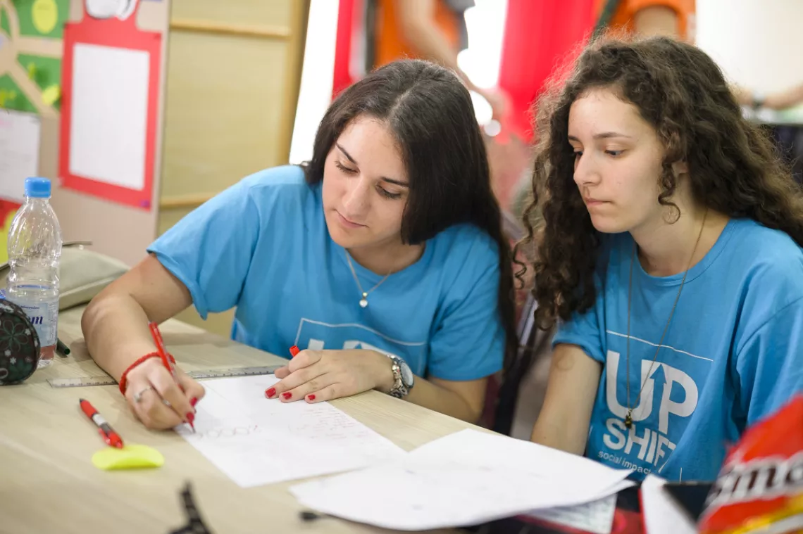 Girls working on finding a solution to a local community problem during the Upshift workshop in Ulcinj